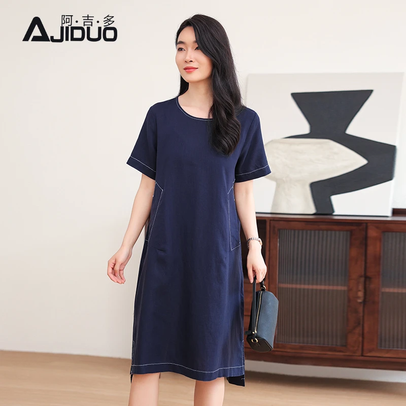 阿吉多短袖连衣裙女2025新款夏季圆领大码简约休闲宽松开叉裙子