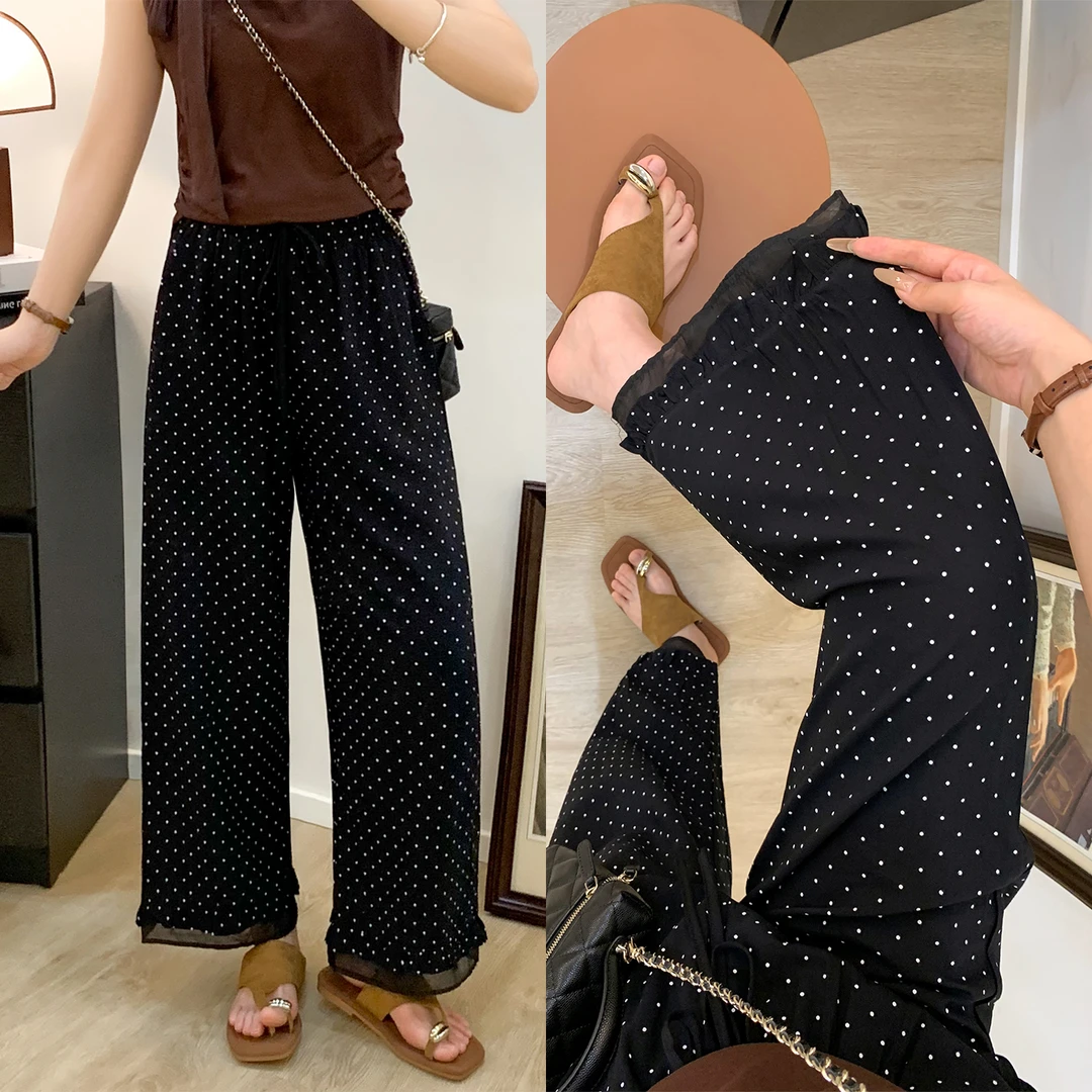 设计感波点花边直筒裤女大码胖妹妹mm高腰宽松阔腿显瘦休闲九分裤