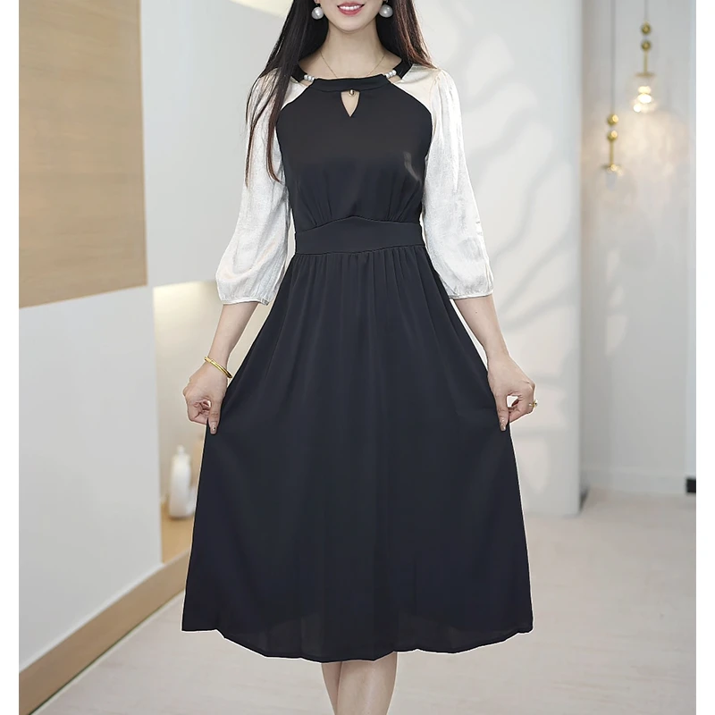 L5574 新款黑色长袖洋气连衣裙女秋季法式小众显瘦拼接裙子