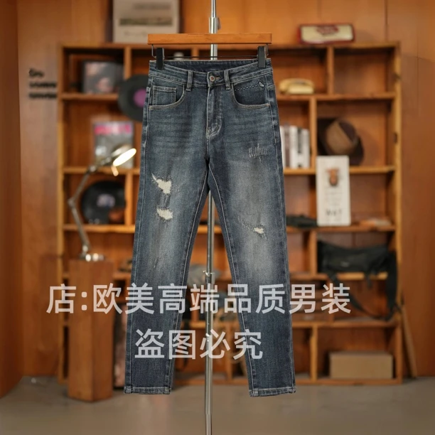 秋冬季美式复古怀旧高端男士牛仔裤破洞补丁修身小直筒弹力个性潮