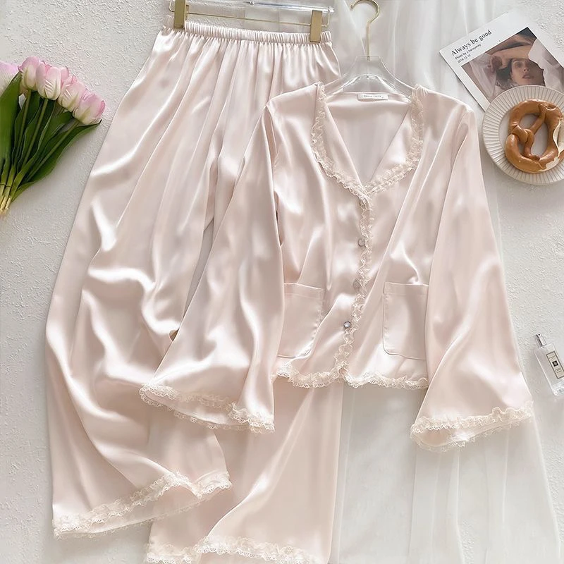 甜美法式宫廷风冰丝绸缎女士春秋长袖蕾丝高级感睡衣套装