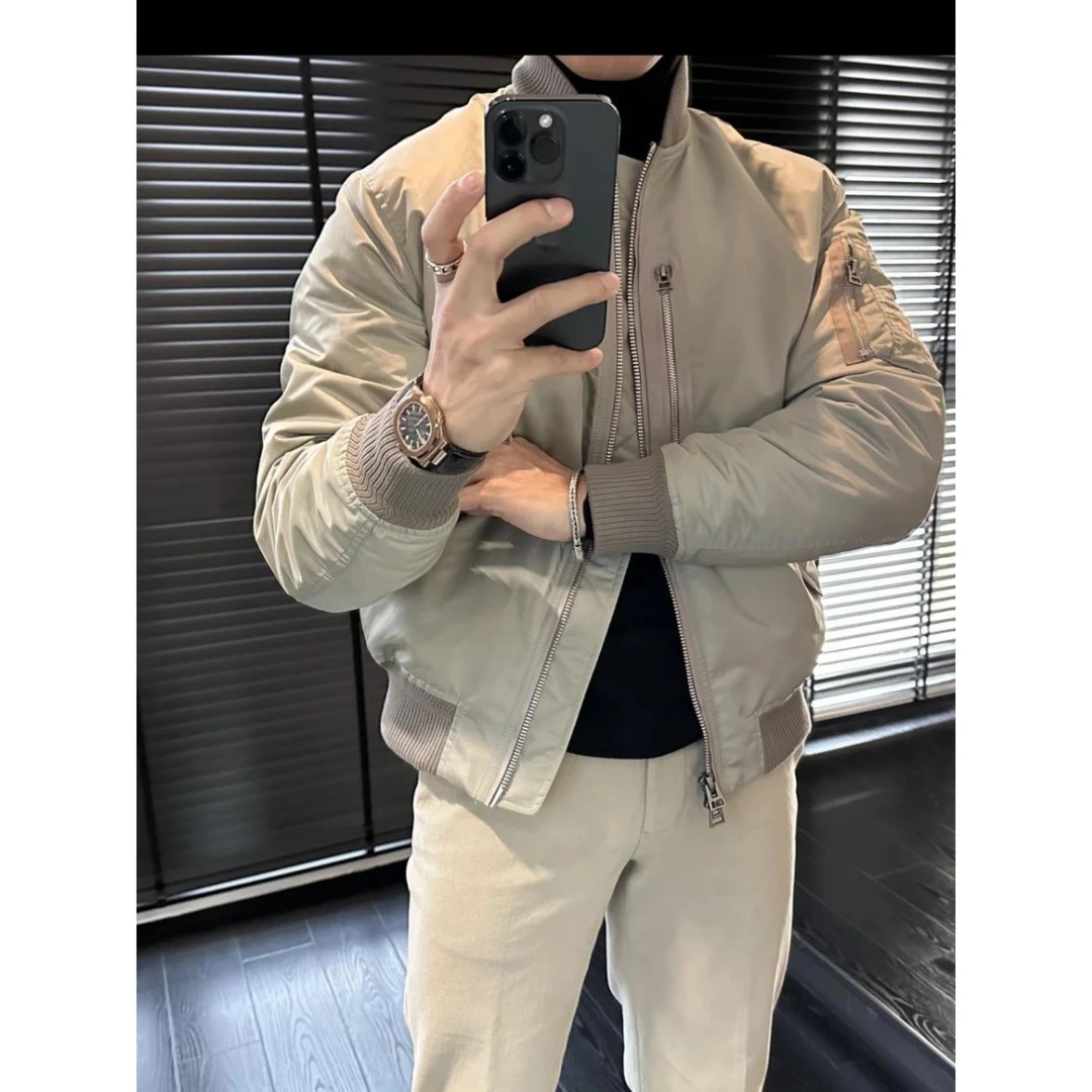 灏吉弧夹克男秋冬美式棉服轻奢简约拼接时尚潮流宽松高端棉衣外套