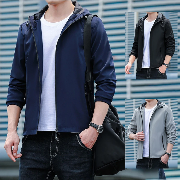 保罗夹克连帽上衣春秋季休闲男士外套中青年百搭薄款纯色上衣男装