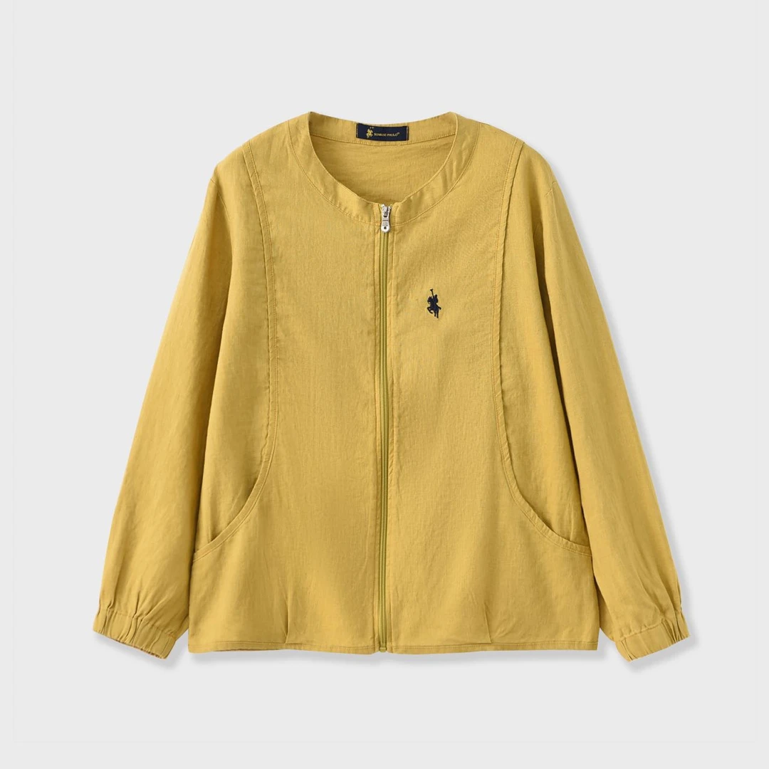 8740-1天然全麻线条感圆领长袖拉链亚麻防晒外套