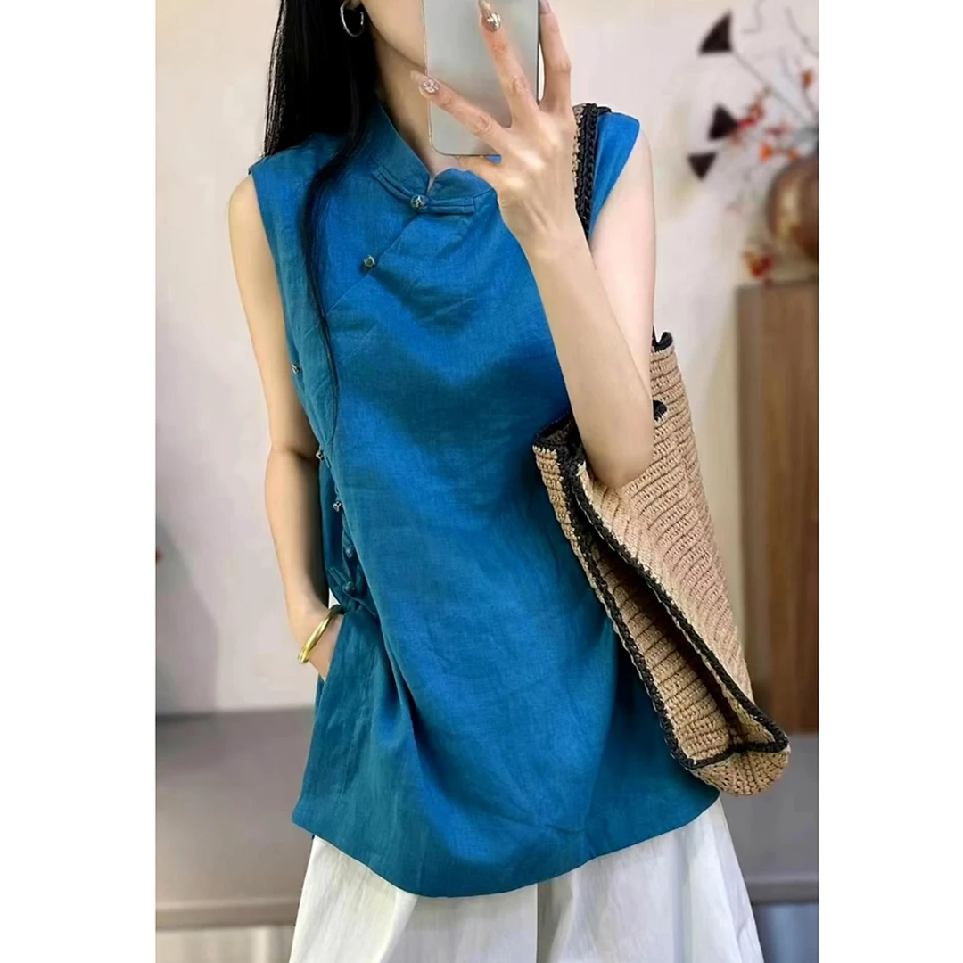 夏日绝美穿搭上衣小众不撞款新中式国风气质蓝色盘扣无袖衬衫2025