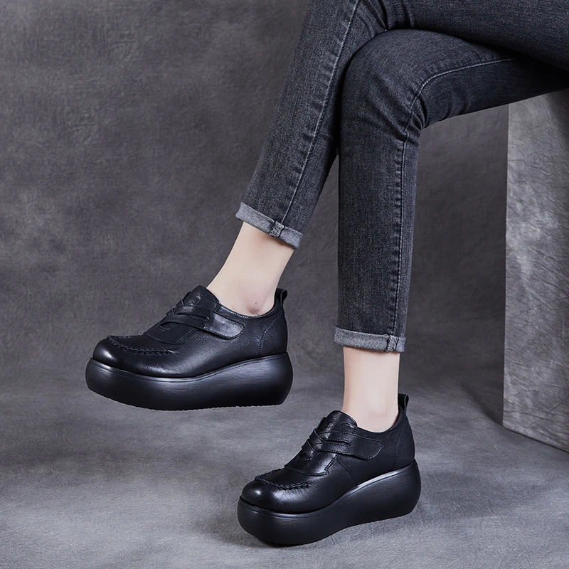 沈都单鞋女士复古松糕软底妈妈鞋休闲皮鞋舒适轻便增高厚底乐福鞋