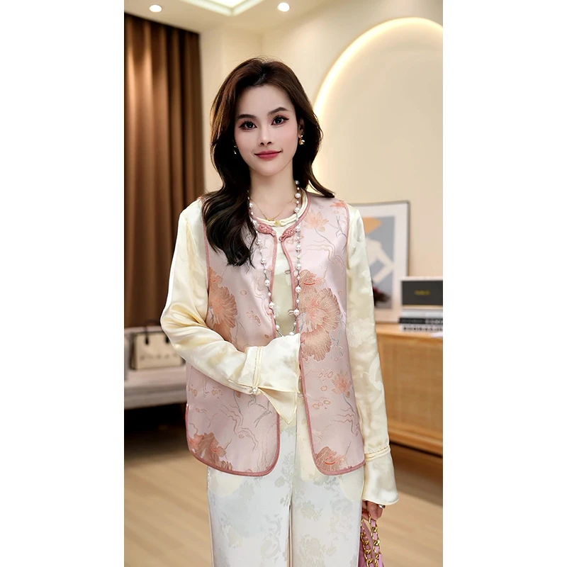 新中式时尚轻奢定制提花复古唐装中国风百搭手工盘扣圆领显瘦马夹