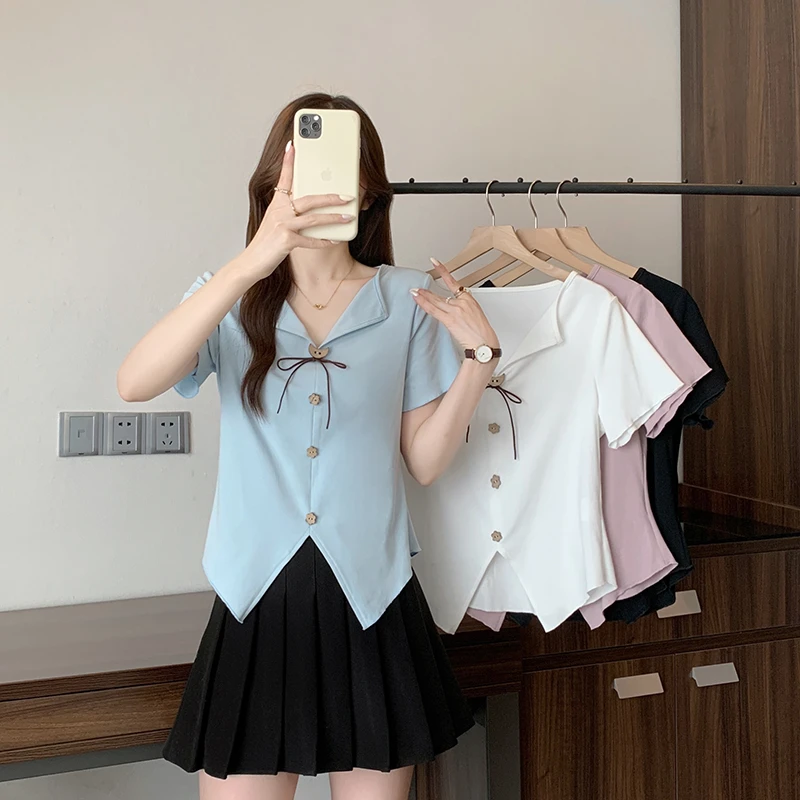 【涵胖胖】胖mm大码女设计感半开领不规则纽扣短袖T恤 A1625【B】