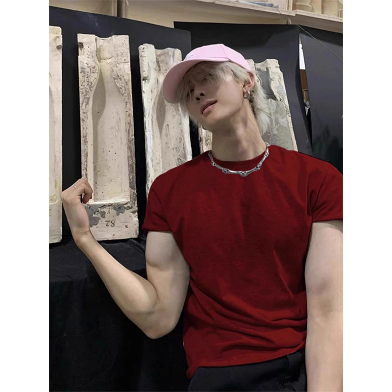 美式收腰紧袖口T恤男夏季高级感正肩短袖上衣弹力修身显肌肉半袖