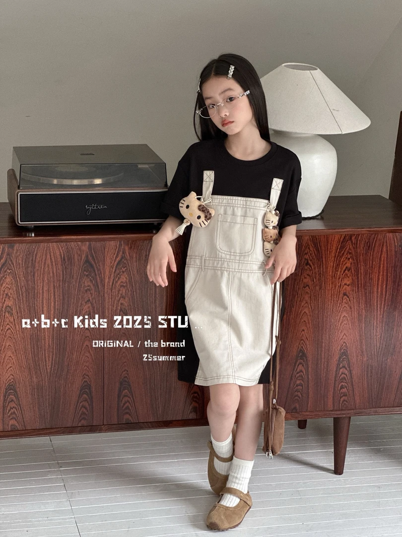 夏季新款短袖假两件背带连衣裙可爱风T恤裙子中大童休闲裙