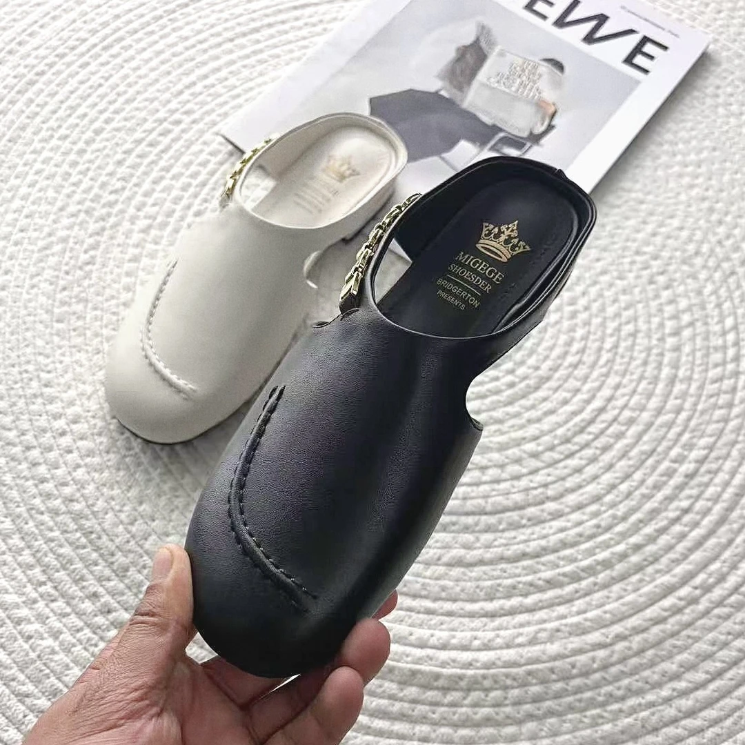 法式复古包头半拖鞋女2025新款真皮圆头平底穆勒鞋一脚蹬懒人凉拖