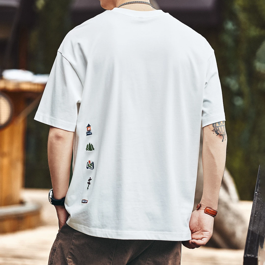 格蓝鹿高端美式复古刺绣短袖T恤男夏季新款宽松大码纯棉圆领半袖