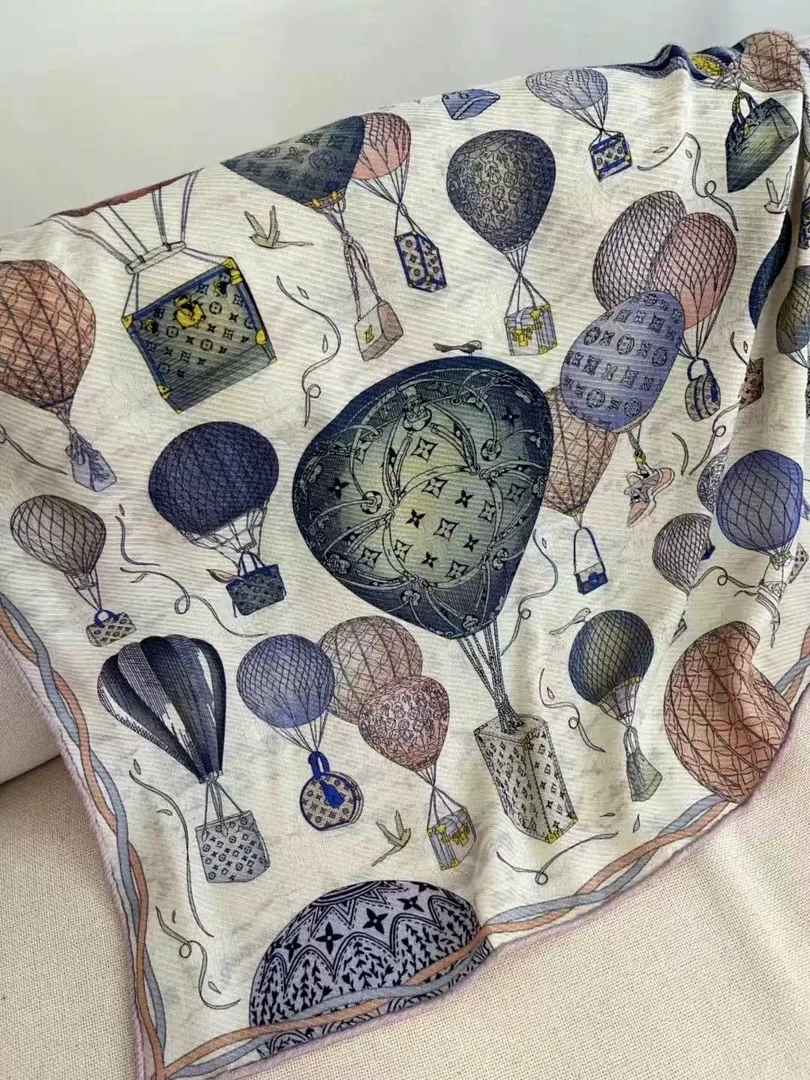 蓝粉【热气球】桑蚕丝真丝羊毛围巾