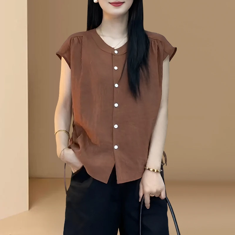 法式圆领无袖设计衬衫夏季2025新款宽松休闲新款时尚气质收腰上衣