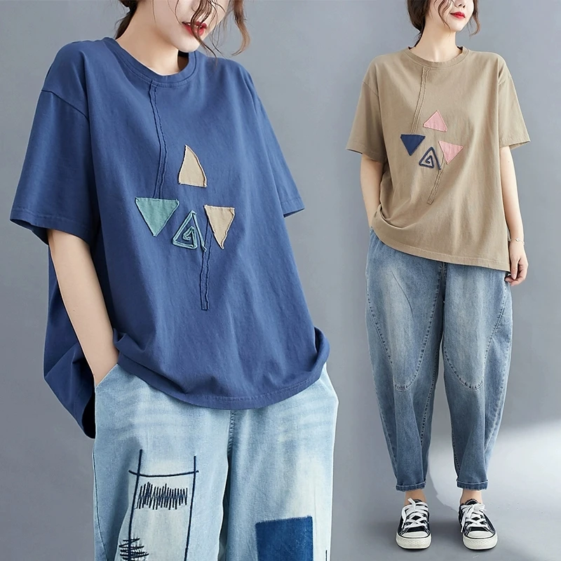 宽松T恤短袖女上衣夏季2025新款休闲百搭撞色贴布T恤