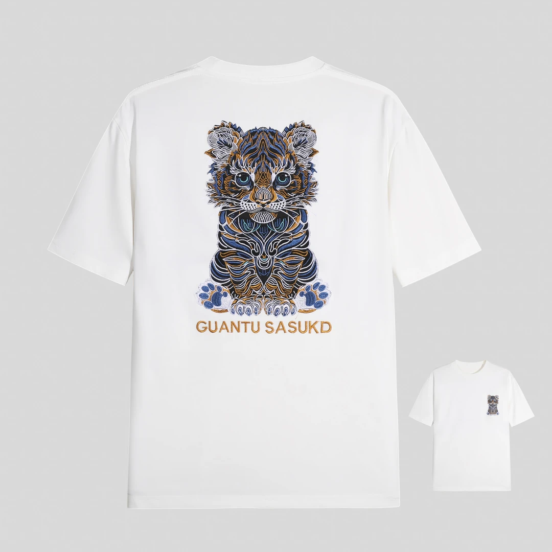 【花1】夏季国风经典轻奢百搭短袖小老虎刺绣T恤 y328