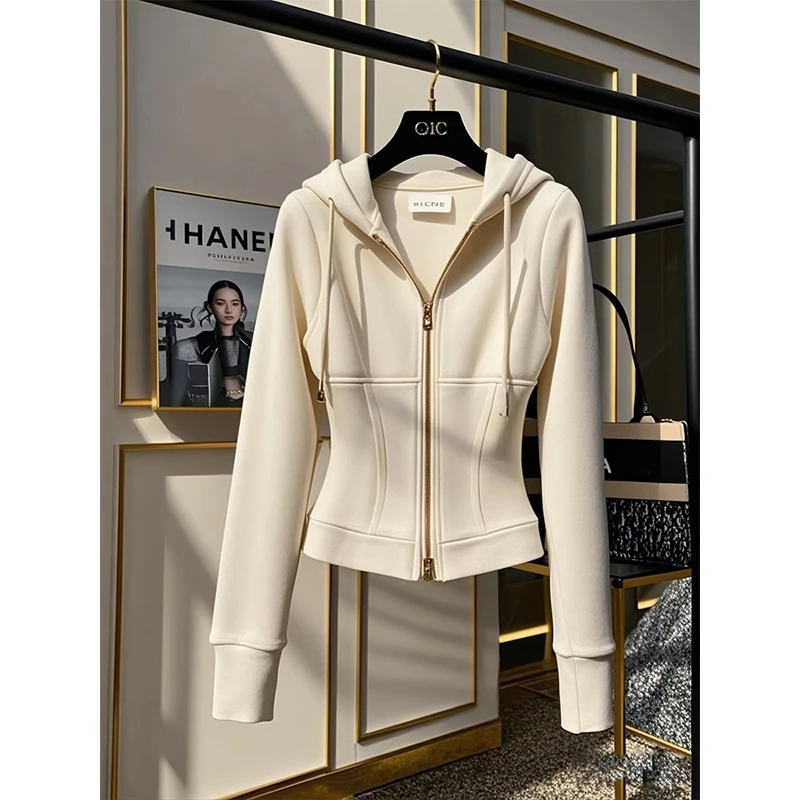 米白色连帽收腰拉链卫衣外套女秋冬新款韩系松弛感百搭修身上衣潮