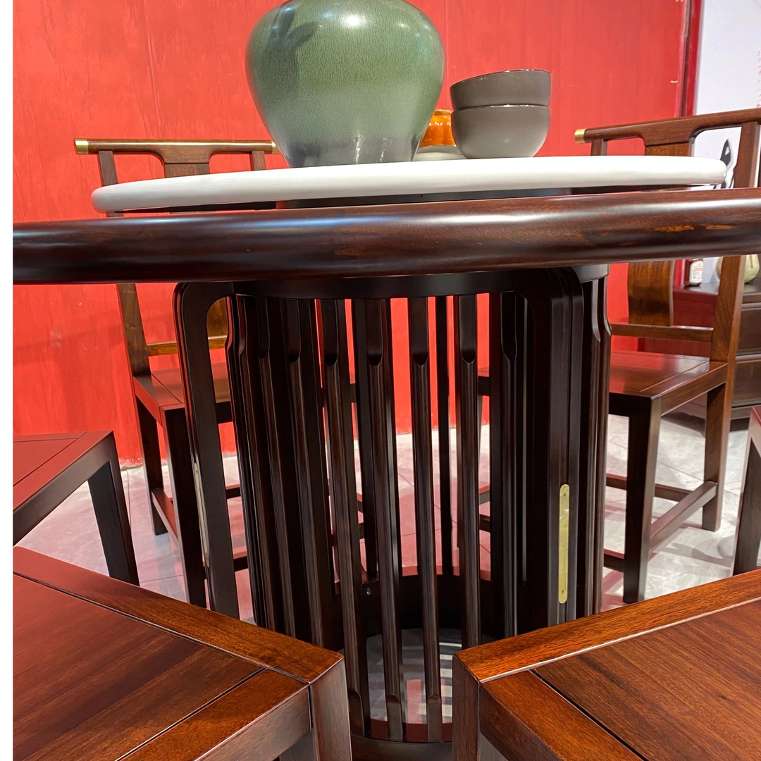 新中式乌金木岩板转盘餐厅圆餐桌实木客厅圆形桌子圆桌家用