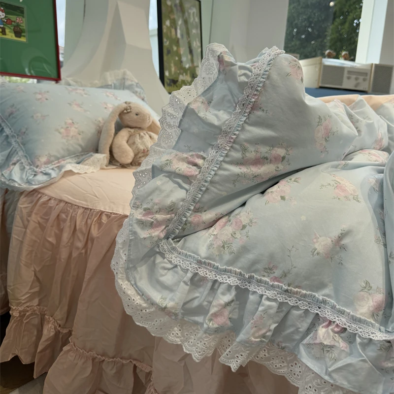 易安阁法式少女花边纯棉蓝色碎花蓝床裙四件套1.5m1.8米被套床单