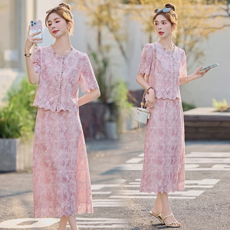 时尚两件套装连衣裙洋气衣服女夏季款显瘦蕾丝小衫穿搭半身长裙子