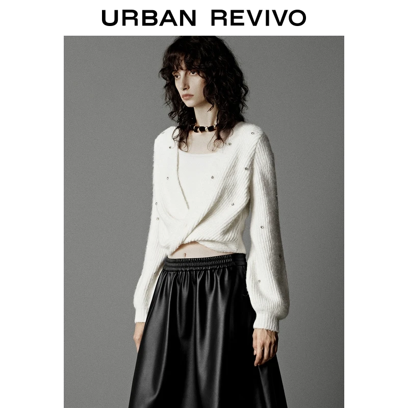 UR2025秋季新款女装简约格雷系钉珠装饰扭结针织衫UWG950218