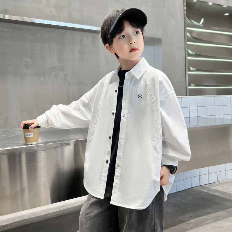 男童春秋洋气长袖衬衫2025新款儿童秋装休闲时髦大童秋季翻领衬衣