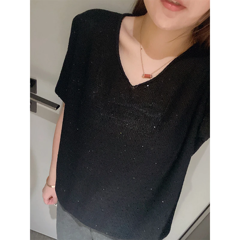 暗夜星空 早春新款V领星空亮片针织衫女宽松慵懒风短袖上衣-2509