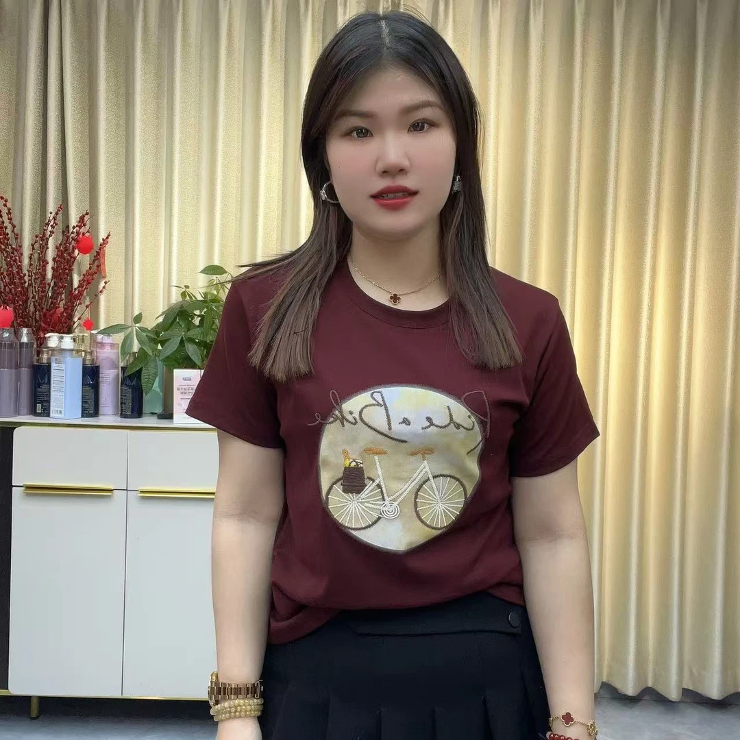 小鑫肝@早秋款自行车字母刺绣印花时尚休闲百搭T恤 5918