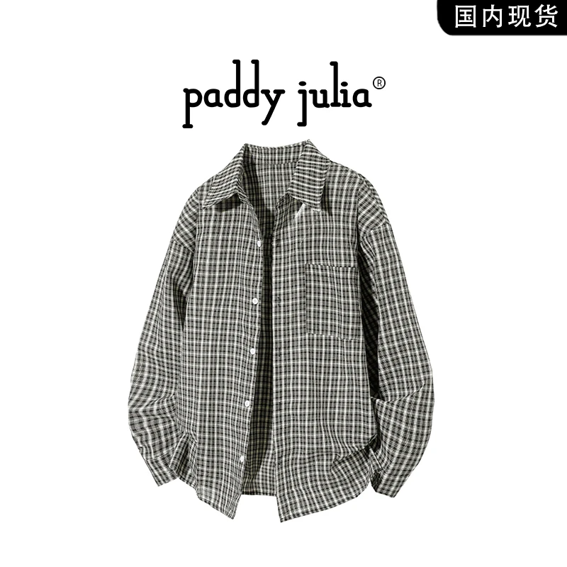 Paddy julia美式格子长袖衬衫春秋季男宽松休闲百搭衬衣痞帅男装
