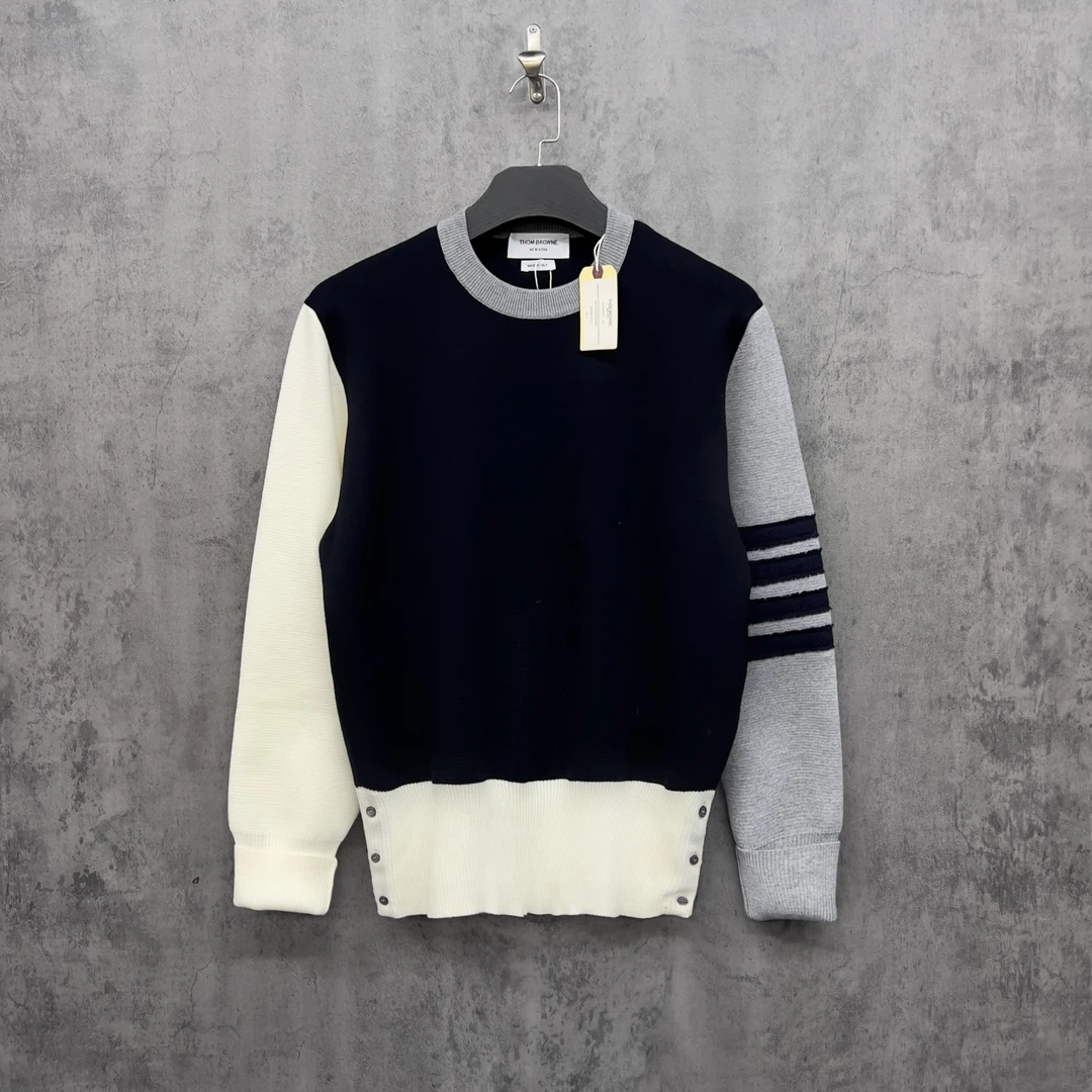 未使用 THOMBROWNE Tb织带重磅撞色针织美丽奴羊毛毛衣/ZK136/4码