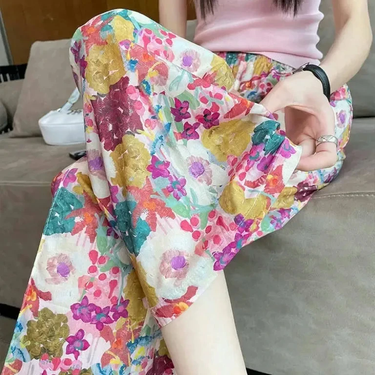 棉绸睡裤女士薄款棉绸阔腿裤网红居家可外穿人造棉裤子加大码B150