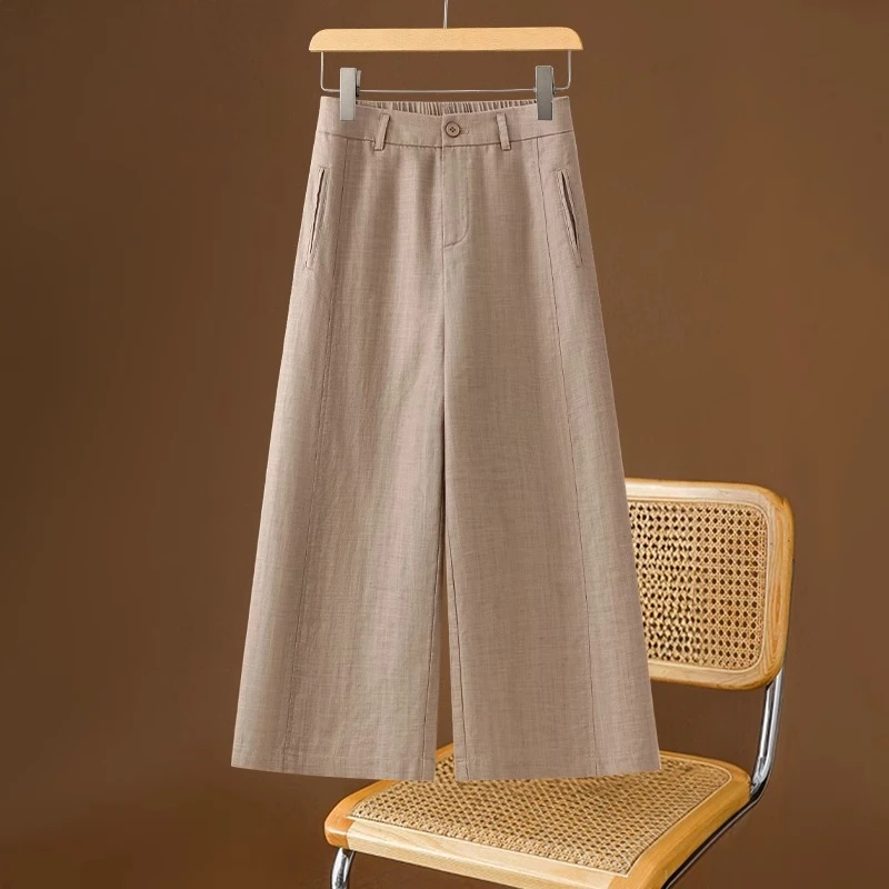 卡其色亚麻阔腿裤九分裤女夏季2025新款小个子八分裤棉麻直筒裤子