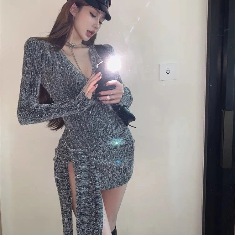 2025春秋季爆款辣妹套装气质修身v领长袖连体T恤女绑带包臀半身裙