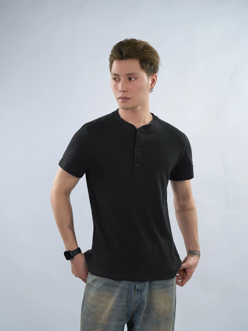 Dokie老钱风进口华夫格亨利领正肩水洗短袖3340