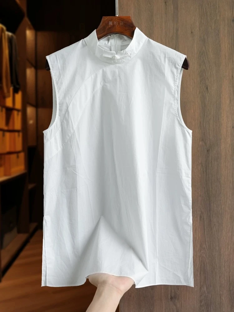 白色高端新中式衬衣女夏季坎肩无袖国风盘口上衣