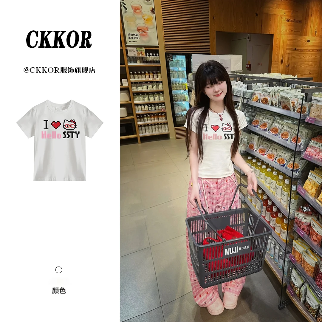 CKKOR夏季新款正肩圆领短袖白t恤女韩版修身显瘦百搭纯欲风上衣服