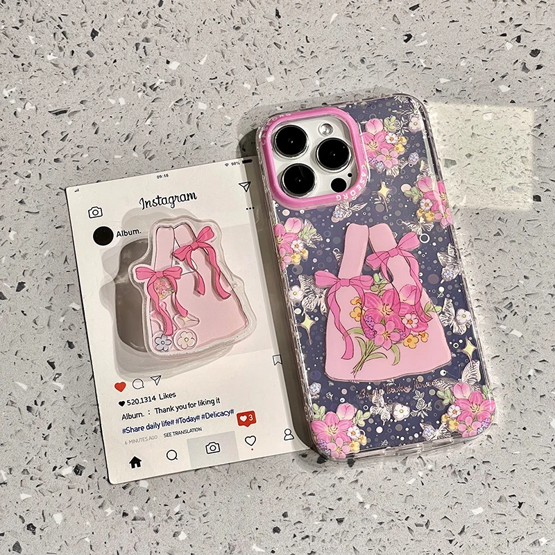 适用苹果16promax手机壳iphone16/15少女袋子鲜花摇摇乐支架防摔