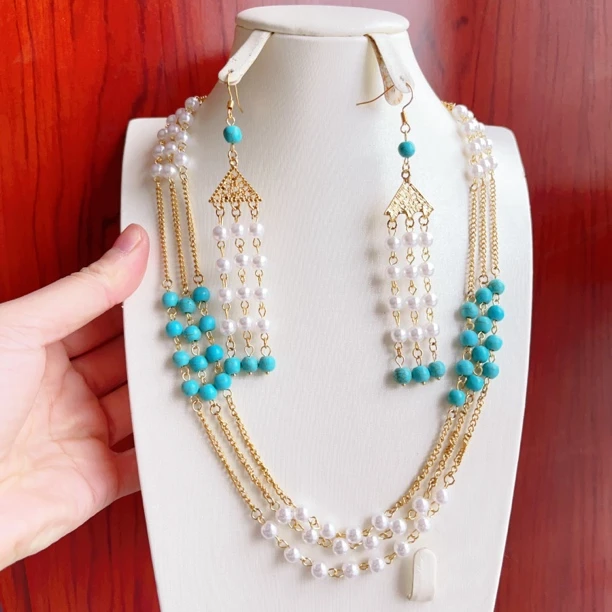 铜合金珐琅项链 Xyuer谢雨儿蓝白珠珠流苏首饰套装