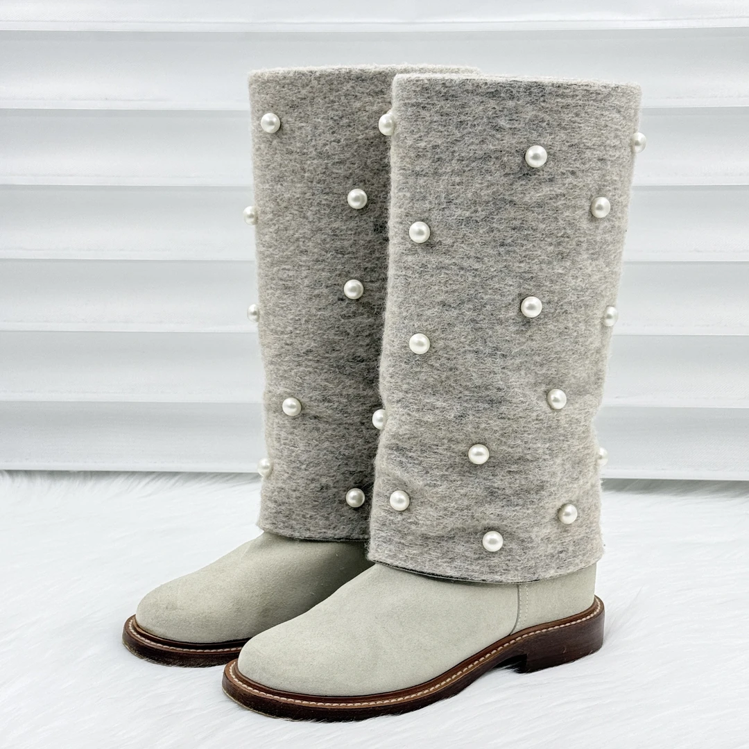 99新 Chanel/香奈儿 羊毛呢珍珠长筒靴 38码 公价1.4w x130