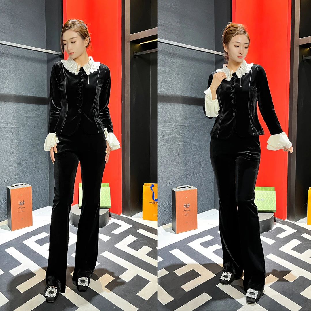 【时尚女装】金丝绒时尚修身显瘦套装11916