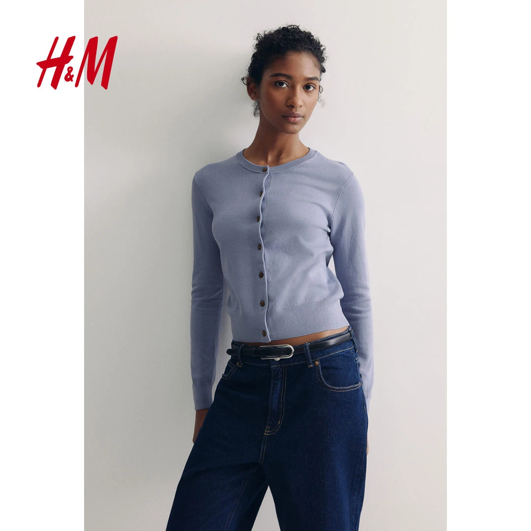HM女装秋季时尚简约慵懒风圆领长袖精细针织打底开衫0579541