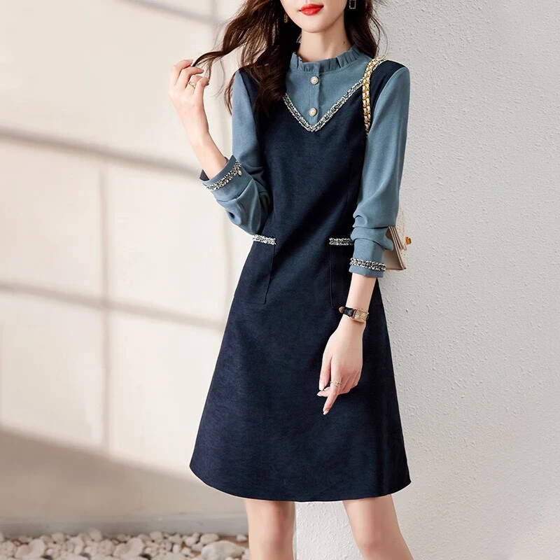 连衣裙女装2025春季新款中长款显瘦气质百搭A型拼接长袖裙子收腰