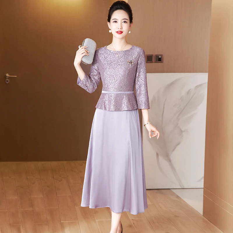 2025春季新款收腰遮肚假两件礼服妈妈装高档中长款显瘦喜婆婆裙子