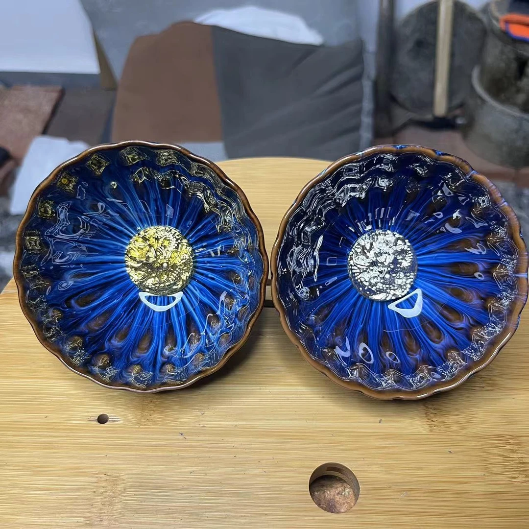 手工茶器 深海蓝窑变金银龙对杯