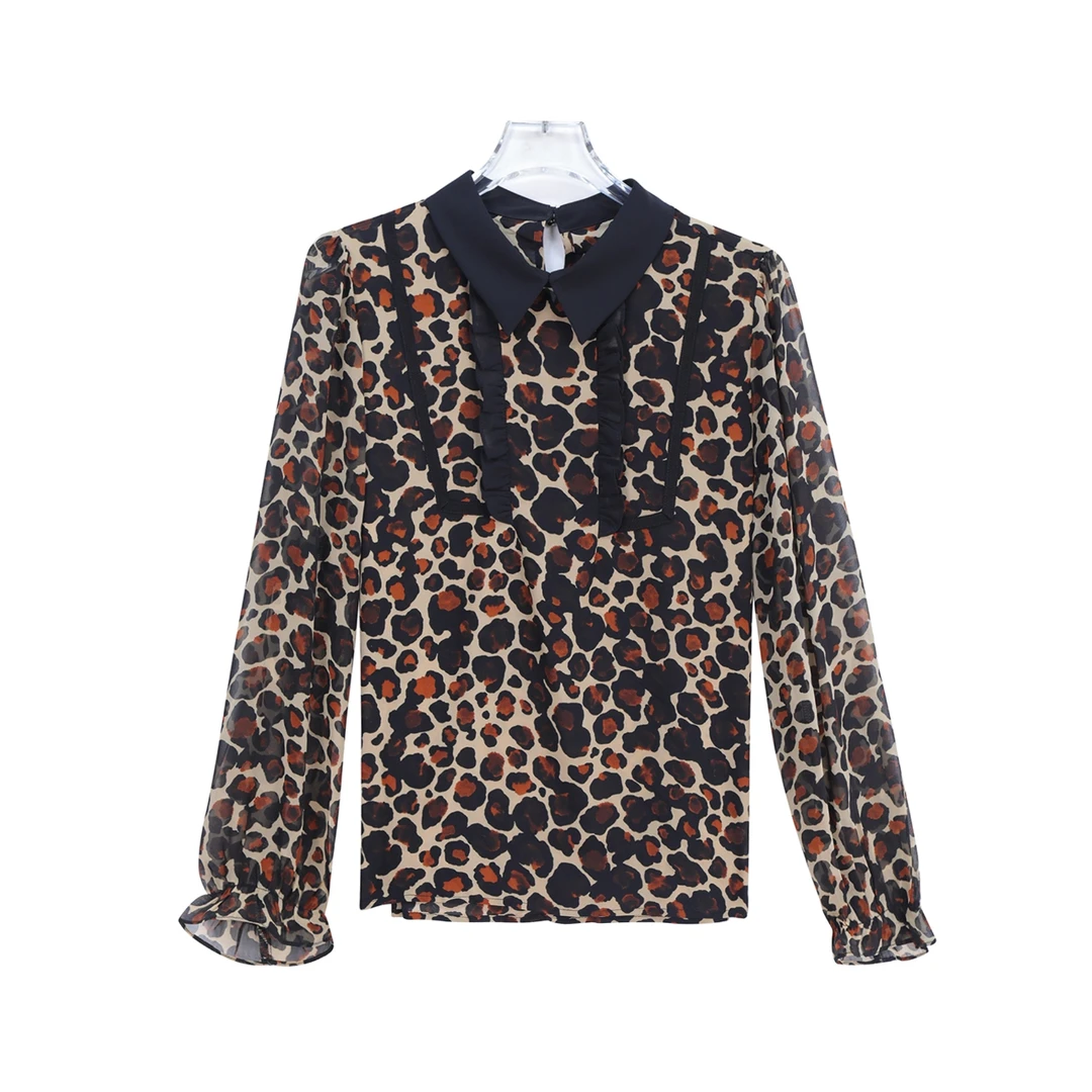 时尚气质长袖印花休闲显瘦豹纹衬衫S1198