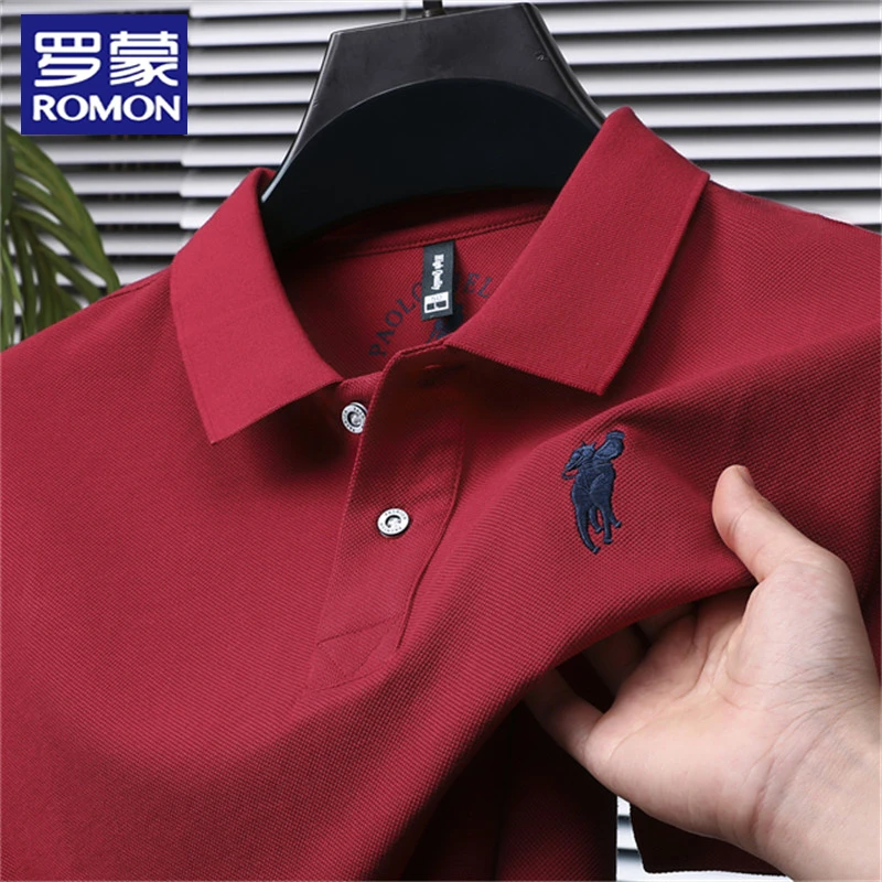 罗蒙正品男士100%纯棉商务休闲短袖Polo衫高档刺绣马标翻领T恤衫