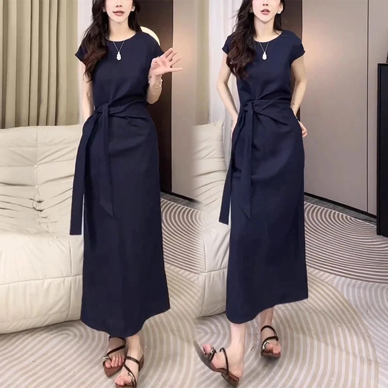 时尚高级感韩版短袖连衣裙2025夏季新款气质显瘦系带中长款休闲裙