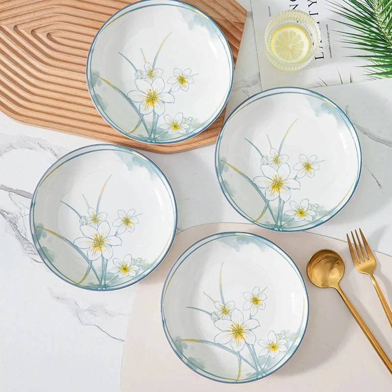 【柒喜甄选】水仙花10个6.25英寸中式家用高温釉下彩陶瓷菜盘子