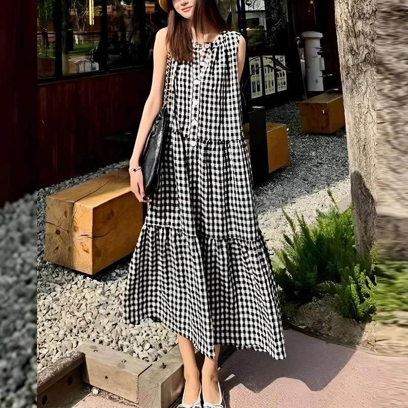 气质格子连衣裙女装2025夏季新款小个子时尚大摆简约休闲长裙子