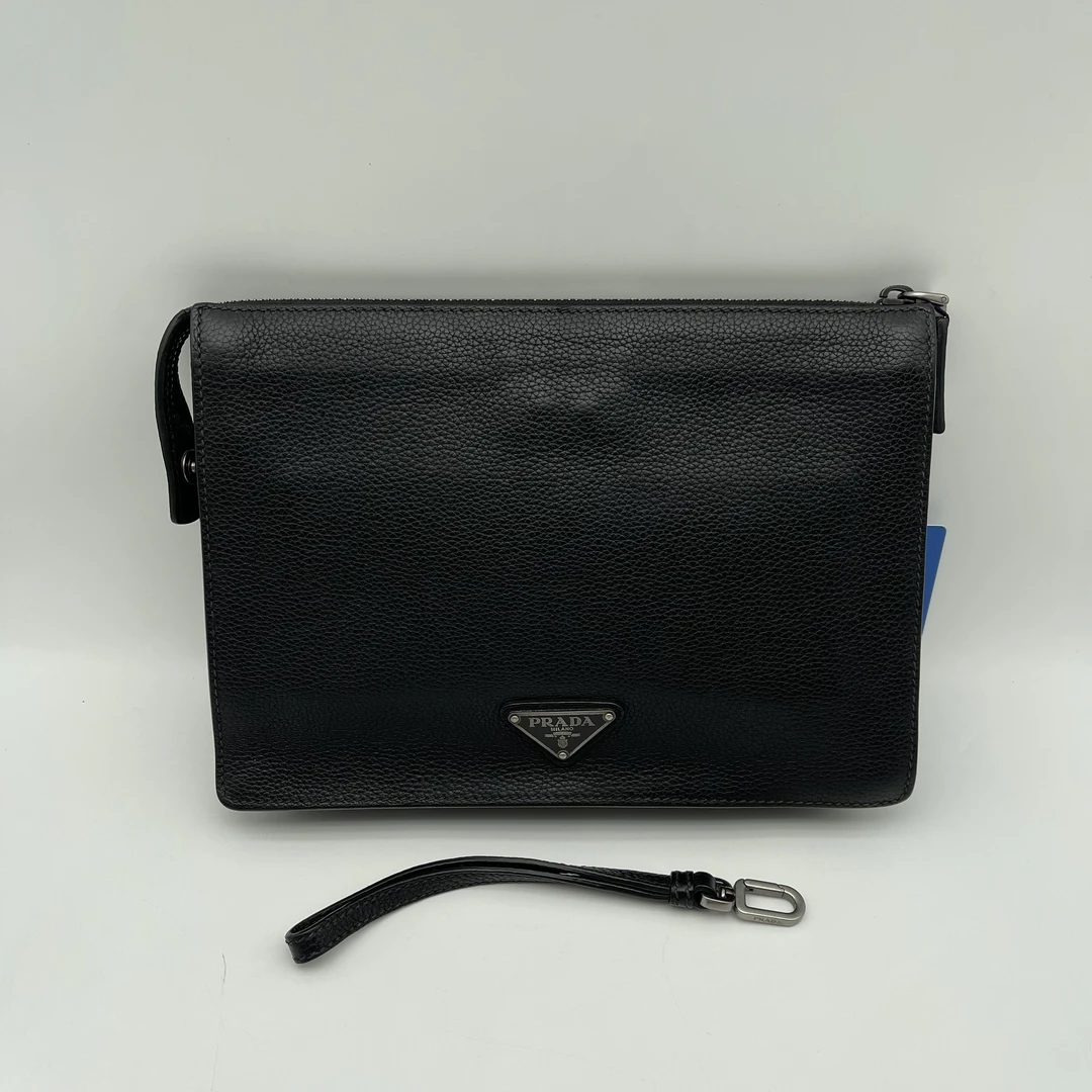 99新 Prada/普拉达 98新男士休闲百搭黑色全皮荔枝纹手拿包2336
